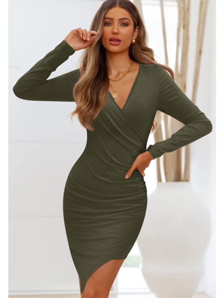 ZileZile Women's Sexy Bodycon Long Sleeve Ruched Deep V Neck Wrap Club Mini Dress