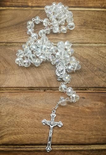 Nazareth Store White Clear Crystal Beads Rosary Prayer Beaded Necklace with Holy Soil Medal and Jesus Cross Communion Rosary4