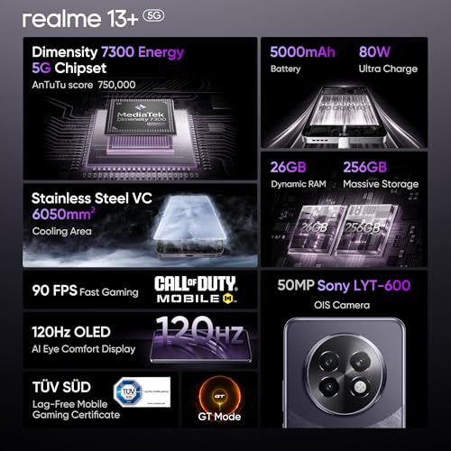 realme 13+ 5G (Dark Purple, 8GB RAM, 256GB Storage) 6.67" AMOLED Display | 80W Ultra Charging DAK | Dimensity 7300E Processor - Image 3
