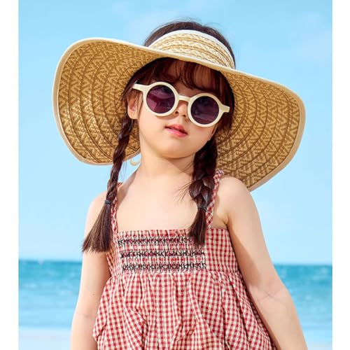 KORADI Girls Sun Hats Straw Visor Kids Wide Brim Stripe Summer Beach Hats Foldable Open Top Cap 3-8 Years4