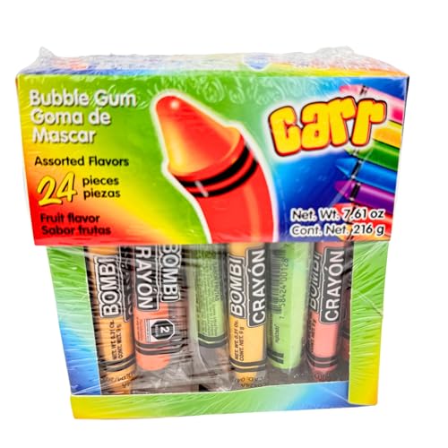 Bombi Crayon Chewing Gum 24 Pieces Carr Mexican Bubble Gum Assorted Fruit Flavors Individually Wrapped Novelty Candy Dulces Mexicanos Goma de Mascar by New to Town