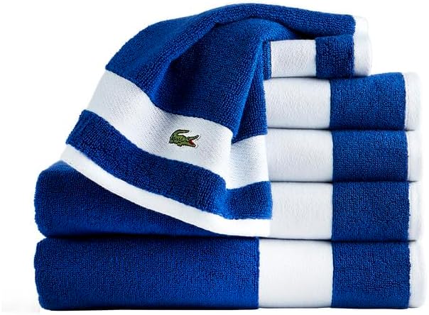 Lacoste Sport Stripe 6-Piece Luxury Cotton Towel Set – Made with 100% Soft Supima Cotton, Absorbent & Quick-Drying, Includes 2 Bath Towels, 2 Hand Towels, 2 Washcloths, Surf Blue