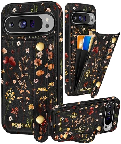 Petitian for Google Pixel 9Pro XL Case with Wallet - Women Girls Cute Girly Aesthetic Unique Design Leather Credit Card Holder Cardholder Stand Wristband for Pixel 9Pro XL Grow Flower