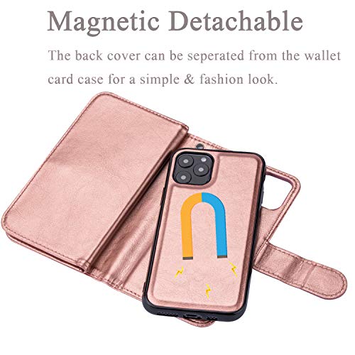 Black Sales Friday Deals Cyber Sales Monday Deals-iPhone 11 Wallet Case [2 in 1 Detachable] Premium Vintage Leather Wallet Case Magnetic Detachable Slim Back Cover Card Holder Wrist Strap(Rose Gold)