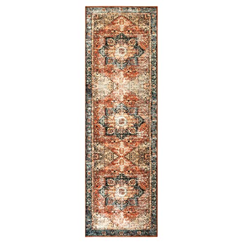 Wonnitar Persian Washable Hallway Runner Rug,2'6"X8' Non Slip Distressed Kitchen Rug Runner,Oriental Medallion Ultra-Thin Laundry Carpet Runners For Entryway Living Room Closet,Orange #TOP1