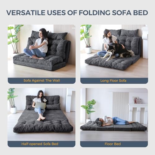 Image of MAXYOYO Folding Sofa Bed, Tufted Bean Bag Bed with Pillows Floor Couch for Adults, Extra Thick and Long Floor Sofa, Full Couch for Bedroom Living Room, Dark Grey, 54x91 Inch
