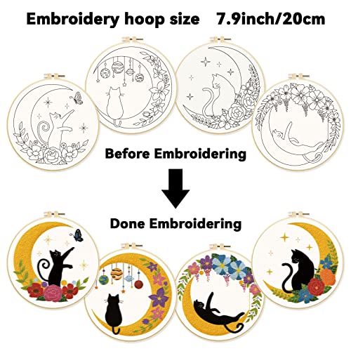 Image of ORIGACH 4 Pack Cat Moon Embroidery Kits for Beginners, DIY Starter Hand Embroidery Kit with Moon Floral Patterns and Instructions