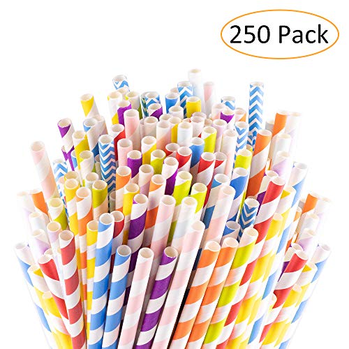 Sangabery 250-Pack Biodegradable Paper Straws - 10 Different Colors Rainbow Stripe Paper Drinking