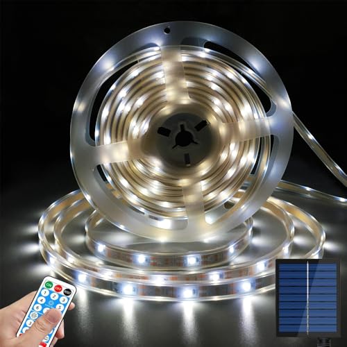 Image of Solar LED Strip Lights Outdoor Waterproof,9.8ft White Solar Powered Strip Lights with Remote,Timer,8 Lighting Modes IP65 Waterproof Strip Lights for Step Gazebo Balcony outdoor bar Garden Decor