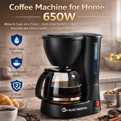 Image of Electrofox CafePrime Coffee Machine for Home | 650W | CafePrime 6 Cups at a Time | Anti-Drip System | Keep Warm Plate | Borosilicate Glass Carafe | Compact Design | 1-Year Warranty