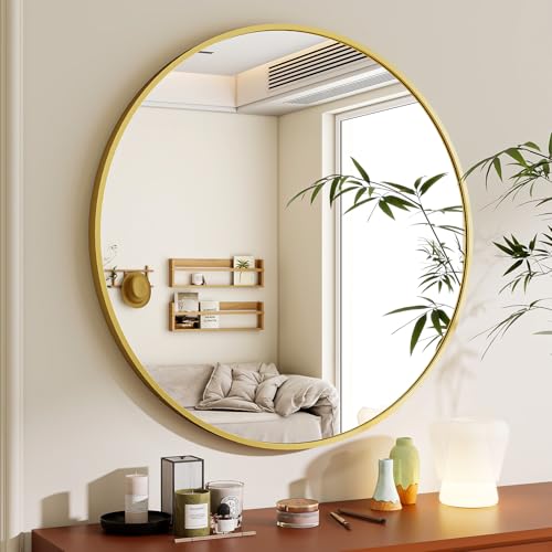 BEAUTYPEAK Miroir Mural Rond doré de 76 cm avec Cadre en Aluminium incassable à Suspendre et à Poser - Miroir Mural pour Chambre à Coucher, Salle de Bain, Salon