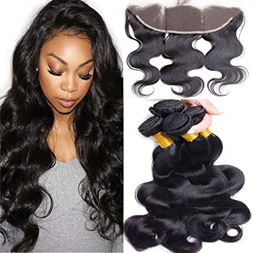 Ali Moda Body Wave Ear To Ear 13X4 Lace Frontal Brazilian 100% Unprocessed 3 Bundles with ear to ear frontal Human Hair Extensions Natural Color (20 18 16+14)