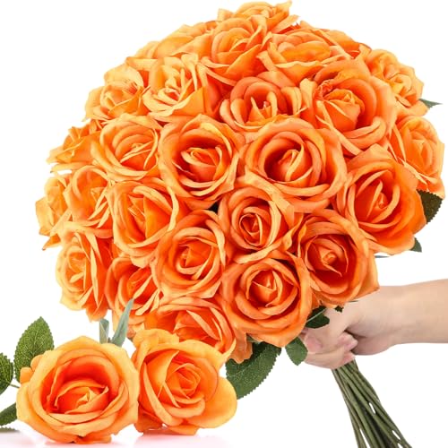Thiccywoov 30 Pcs Rose Artificial Flowers in Bulk Lifelike Long Stem Silk Roses Bouquets Realistic Faux Flowers for Wedding Bridal Shower Home Decor Floral Arrangements Table Centerpiece(Orange)