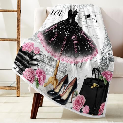 Image of Paris Black Tutu Floral Flannel Throw Blanket, Vintage Eiffel Tower High Heel Handbag Cozy Decor Blanket for Couch Bedroom Camping, Gift Blanket for Women Girls Home Fans,50X60 Inch