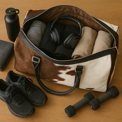 Luxurious Cowhide Duffel Bag for Men's and Women's - Large Size Unisex Travel Duffle Bag, Unique Leather Gym Bag Weekender Overnight Premium Quality Cow Hair on Duffle (Blackish-Brown)4
