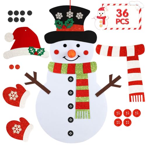 OurWarm Felt Snowman for Kids Wall, 3.2Ft Double-Sided DIY Felt Christmas Snowman Set with 35 Glitter Detachable Ornaments Xmas Gift for Toddlers Kids Christmas Home Door Wall Hanging Decorations