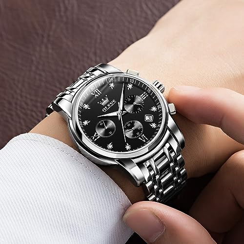 OLEVS Men's Stainless Steel Chronograph Watch, Big Face Gold Silver Black Tone Easy to Read Analog Quartz Watch, Luxury Waterproof Date Diamond Roman Arabic Numerals Dial Dress Watch for Men2