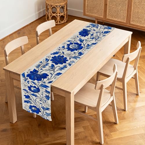 Image of Nuxovilar Hand Drawn Floral Table Runner Flax 13x72 in | Holiday Runner Linen Placemats Dining Accessories Set Afternoon Tea Home Decor (Blue Floral Hand Drawn)