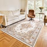 HOMORE 4x6 Washable Rug Beige Washable Rug for Bedroom, Non Slip Rugs for Living Room, Faux Wool Throw Carpet for Kitchen Vintage Floral Rugs for Entryway Dinning Room Office