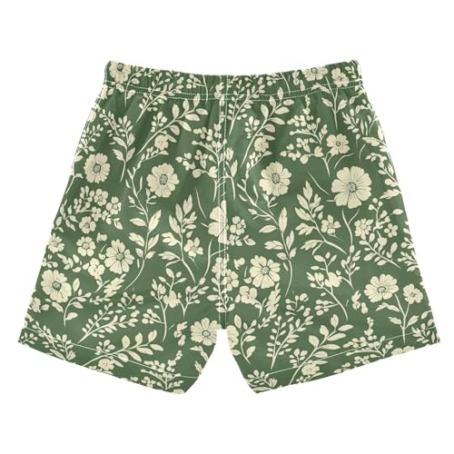 JUNZAN Autumn Flowers Peonies Sage Green Boys Swim Shorts Quick Dry Boys Boardshorts Kids Swimwears Son's Presents 2T2
