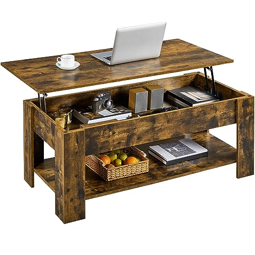 Yaheetech Mesa Centro Elevable Industrial Mesa Café con Revistero Mesa Baja de Madera Grande para Salón 120 x 59 x 49,5 cm Marrón Rústico