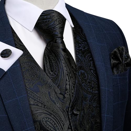 Image of DiBanGu Mens Vest and Tie Set Formal Paisley Waistcoat and Necktie Pocket Square Cufflinks Silk Suit Vest for Tuxedo Wedding