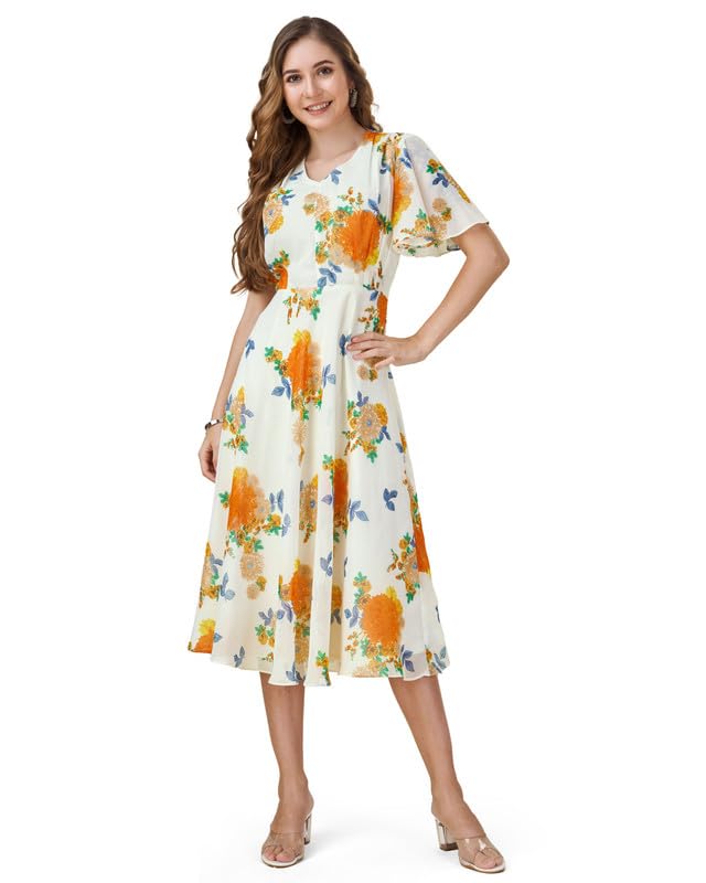 Image of MOJILAA Women's Georgette Floral Printed Gathered Dress