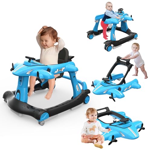 Betterhood 6-in-1 Foldable Baby Walker with Wheels, Airplane-Themed Activity Push Walker with Music &amp; Lights, Wheels, Anti-Slip Design, Suitable for Boys &amp; Girls Aged 6-18 Months