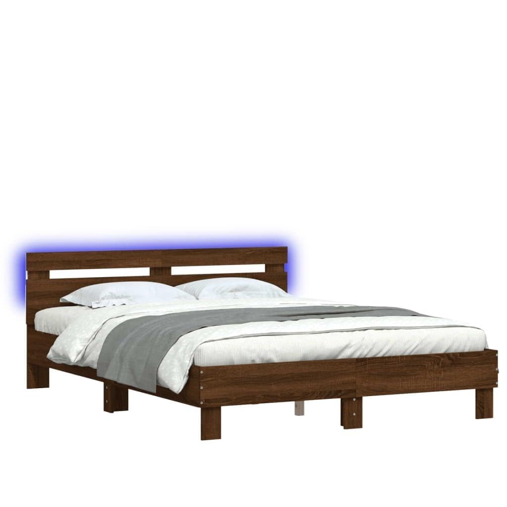 Estructura de cama con iluminación LED, color marrón roble