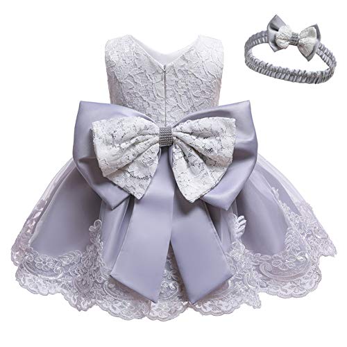 Baby Kids Girl‘s Dress Toddler Birthday Cute Big Bowknot Christening Dress 0-10 Years (19-24 Months, White+Silver Grey)