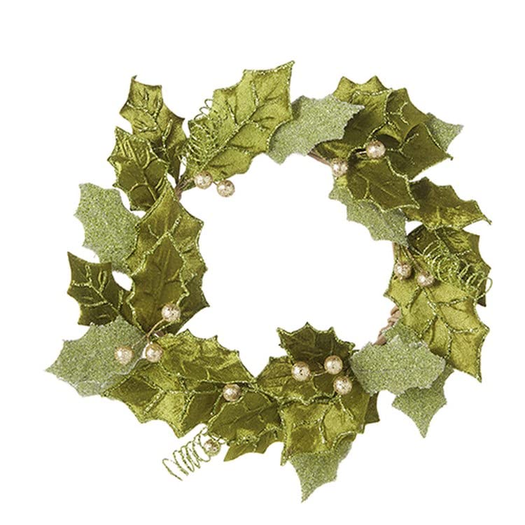 RAZ Imports 2022 Evergreen & Gold 13" Iced Holly Mini Wreath-Candle Ring