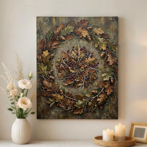 Lienzo decorativo de otoño con bellotas y hojas verdes en formato de 40,6 cm