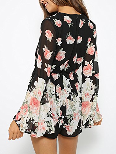 Persun Women Limited Black Floral Print Romper Playsuit With Long Flare Sleeves,Small,Black - Thumbnail 4
