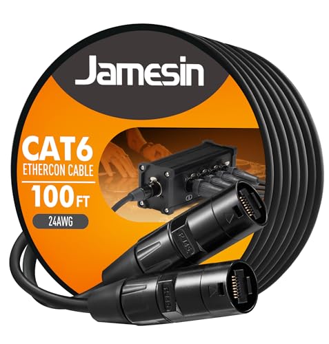 Jamesin CAT6 Shielded Ethercon Cable, 100 Feet, with Booted Rj45, Tactical Locking Ethernet, and Converta-Shell Connectors, for Studio Setups, Touring, Stage Production, Concerts & Other Applications