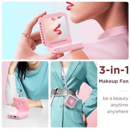 EasyAcc Tischventilator Batteriebetriebener 5000mAh mit Umhängeband,32 Std Tragbarer Ventilator mit Spiegel, 5-Gang-wiederaufladbarer persönlicher Nackenventilator, Powerbank mit Telefonhalterung-Rosa