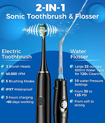 Glamororal 083A-BLACK Electric Toothbrush And Water Flosser,600Ml Oral Irrigator Water Flosser thumb #1