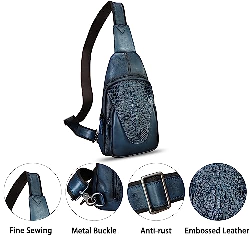 Image of Genuine Leather Sling Bag Embossed Crocodile Pattern Leather Crossbody Sling Backpack Handmade Chest Purse Daypack (Navy Blue)