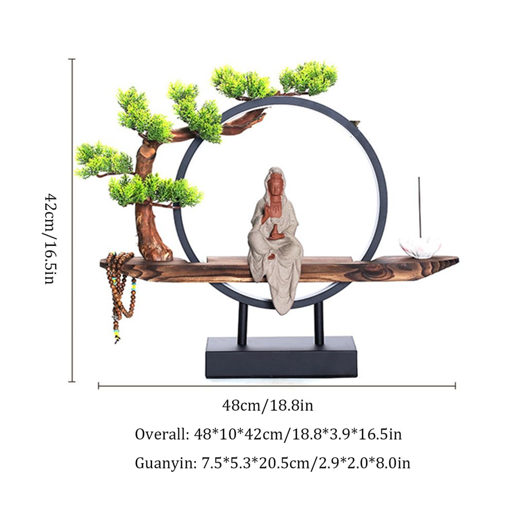 Buddha-Statue mit dekorativem Bonsai-Baum und LED-Kreislampe, Keramikfigur für Innenbereich, Heimbüro, spirituelles Kunststück für Meditation und Entspannung