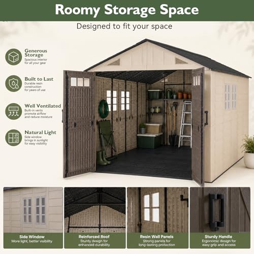 Image of Aoxun 8x12 Ft Outdoor Storage Shed with Floor, Large Resin Outdoor Shed with Lockable Door & Windows, Garden HDPE Sheds for Lawn Tools, Pool Supplies & Bikes