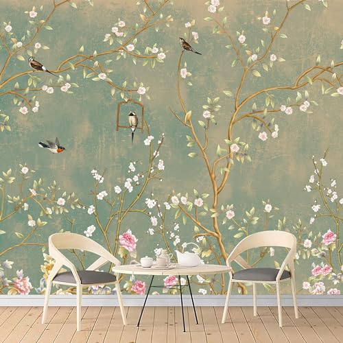 Árboles Y Flores, Compra de libro digital HLNIUC Chinoiserie - Papel pintado de flor de ciruelo, papel pintado de fondo de sofá floral verde clásico, papel pintado de fondo de flores grandes para sala...