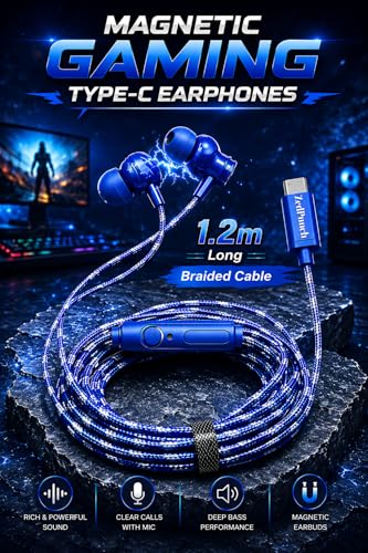 Image of Gaming Type-C Wired Earphone with Mic, 10mm Dynamic Bass Driver, Magnetic in-Ear Headphones, Low Latency Sound for Gaming, 1 Button Control, HD Calling, Voice Assistant, (Blue)