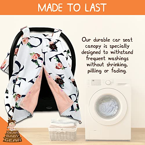 Image of Dear Baby Gear Baby Car Seat Canopy Snap Button Opening - Carseat Canopy for Daily Use - Cover for Newborn Car Seats - Stylish Nursing Cover - Floral Alphabet /Blush Smooth, 40 inch x 30 inch