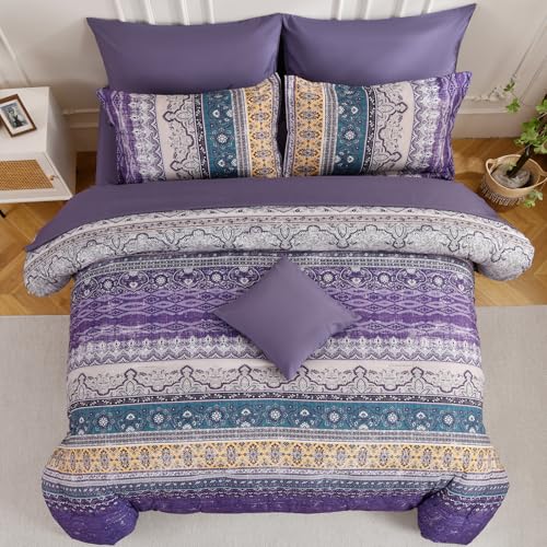 Image of Cottolester Boho King Size Comforter Set 8 Pieces, Violet Bohemian Striped Bed in a Bag, Paisley Soft Microfiber Bedding Comforter Set