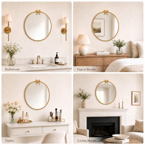 Image of 24 Inch Gold Circle Mirror, Bow Round Wall Mirror Vintage Gold Decor