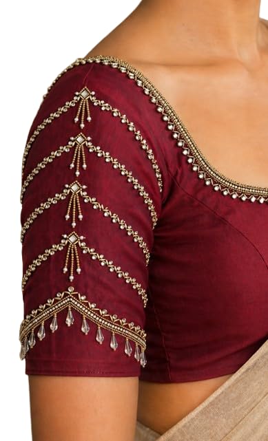 Maggam Aari Hand Made Heavy Work Blouse Piece – 1 Meter Unstitched, Zari Embroidery Designer Silk Blend Blouse Material for Women Wedding & Bridal-picture-41