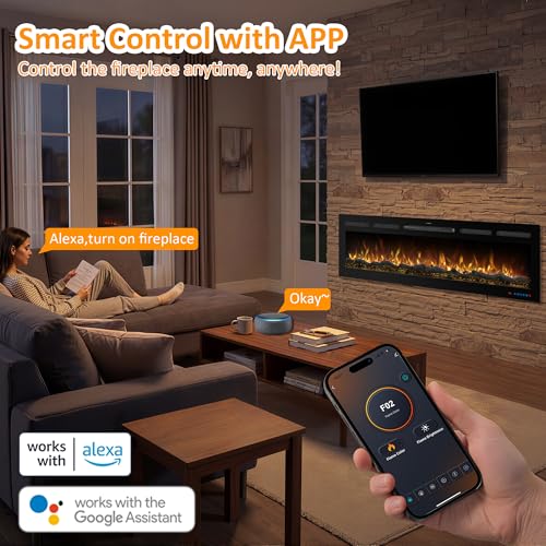Image of 88 inch Electric Fireplace, Recessed or Wall Mounted, 5.5 inch Deep, 750W /1500W Quartz Heater, WiFi App, Alexa and Google Home, 13 Flame Colors