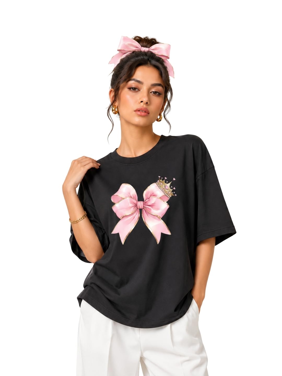 Women Round Neck Oversized Tshirt | Princess Bow Rich Cotton Graphic Print Half Sleeve T-Shirt for Women & Girls-image-37