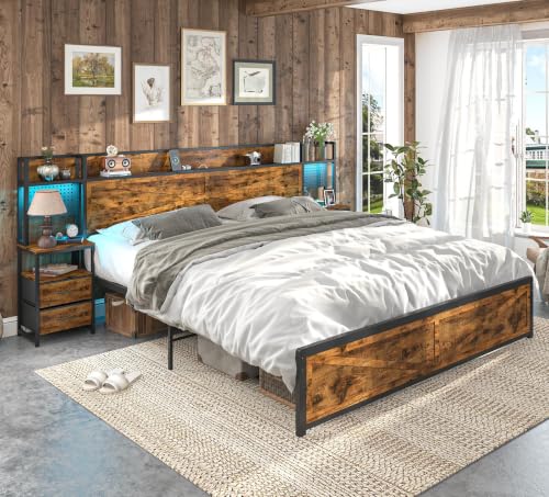 Hlivelood Bed Frame with Nightstands and Headboard, King Size, Rustic Brown
