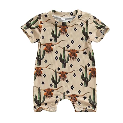 Image of DUBASAM Newborn Infant Baby Boy Girl Western Jumpsuit Cactus Cow Print Short Romper Playsuit One Piece Outfit