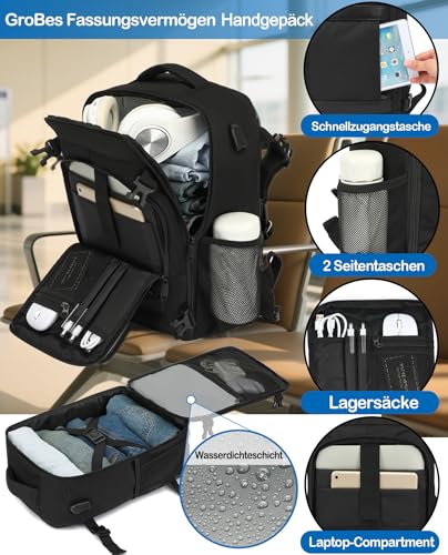 KLOSTAIN Handgepäck Rucksack 40x20x25 für Ryanair und Eurowings Rucksack Travel Backpack Bag Klein Reiserucksack Tasche für Flugzeug - Schulrucksack für Damen, Herren, Teenager, Schwarz 4